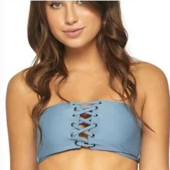 Pilyq Anthropologie Sky Blue Lace Up Bandeau Bikini Top D Cup Swim Swimsuit New - Picture 2 of 7